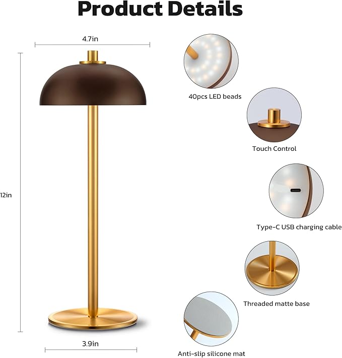 Rechargeable Cordless Table Lamp - 5000mAh Battery Powered Lamp, 3 Color Modes Stepless Dimming LED Table Light with Memory Function for Indoor, Outdoor, Dinner, Patio, Cafe.(Brown) - LeafyLoom