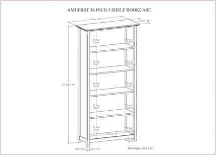 SIMPLIHOME Amherst SOLID WOOD Transitional 5 Shelf Bookcase for The Living, Study Room and Office, 36 inch, Hickory Brown - LeafyLoom