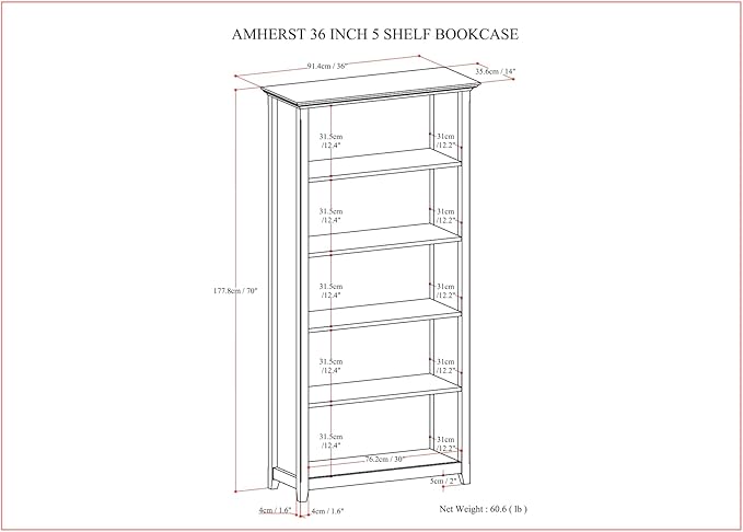 SIMPLIHOME Amherst SOLID WOOD Transitional 5 Shelf Bookcase for The Living, Study Room and Office, 36 inch, Hickory Brown - LeafyLoom