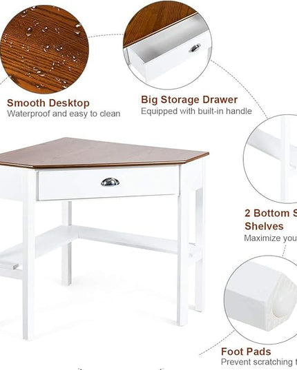 Nightcore Small, Wood Computer Desk, Compact Writing w/Drawer & Storage Shelves, Space Saving Study Workstation, Laptop PC Corner Table, Natural - LeafyLoom