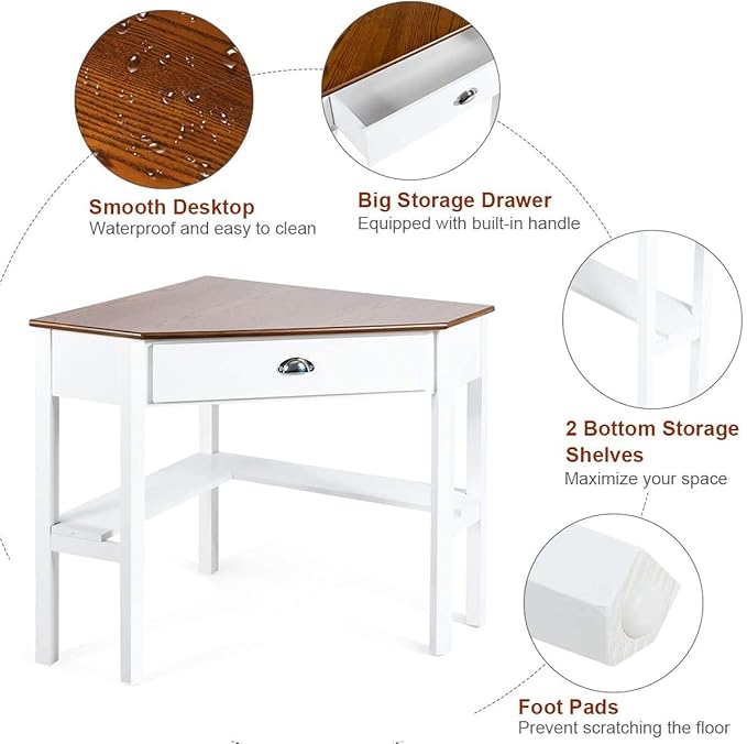 Nightcore Small, Wood Computer Desk, Compact Writing w/Drawer & Storage Shelves, Space Saving Study Workstation, Laptop PC Corner Table, Natural - LeafyLoom