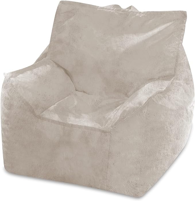 Posh Creations Structured Comfy Bean Bag Chair for Gaming, Reading, and Watching TV, Newport Chair, Rabbit Fur - Cream - LeafyLoom