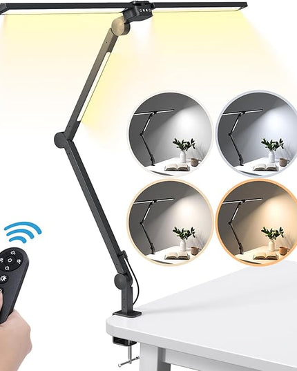 LED Desk Lamp, Flexible Desk Light with Clamp, Dual Light 25 Lighting Eye-Caring Modes Table Lamp with Solid Base, Eye-Caring Desk Lamp with Remote Control,Reading Desk Lamps for Home Office - LeafyLoom