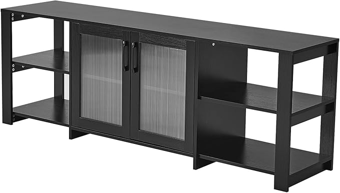 Panana TV Stand for 70 inch TV, Entertainment Center TV Console Table TV Storage Cabinets Media Console with 2 Doors and Open Shelves, 4 Cubby for Living Room Bedroom, Black - LeafyLoom