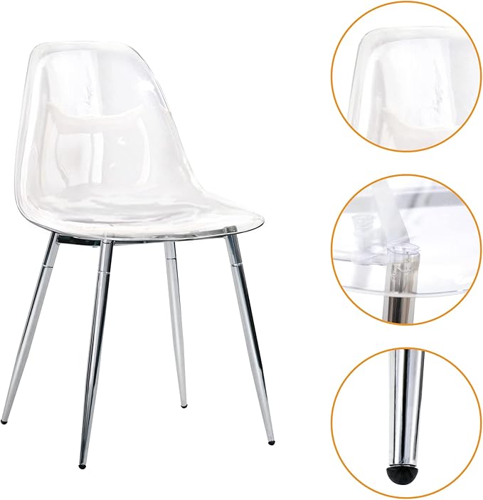 CangLong Kitchen Modern Dining, Desk Side Chair with Metal Legs, Set of 2, Clear, Transparent + Silver 2 - LeafyLoom