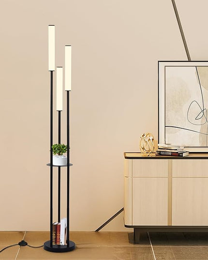 Ganeed LED Floor Lamp with Shelves,30W Modern Black Tall Lamps with 3 Acrylic Lampshade,3000K Warm Light Standing Lamps with Foot Switch and Remote Control (66.5 inch) - LeafyLoom