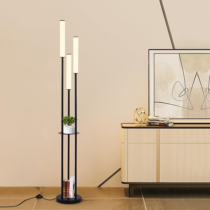 Ganeed LED Floor Lamp with Shelves,30W Modern Black Tall Lamps with 3 Acrylic Lampshade,3000K Warm Light Standing Lamps with Foot Switch and Remote Control (66.5 inch) - LeafyLoom