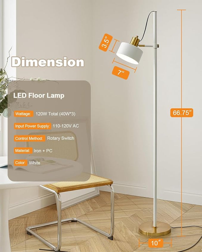 OYEARS Floor Lamp for Living Room Bright Lighting Tall Modern Industrial Vintage Standing Corner Lamps LED Metal Light Office Bedroom Study Gold Black White Matte Accent (1-Light, White) - LeafyLoom