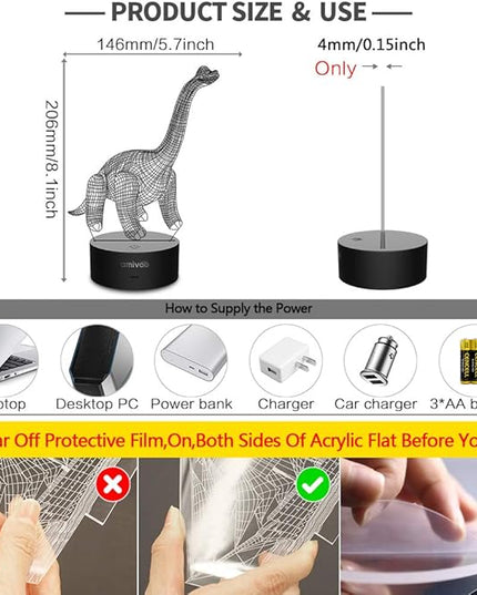 Dinosaur 3D Night Light for Kids 16 Colors Changing 3D Optical Illusion Lamp with Smart Touch & Remote Control, Best Gift for Girls Boys Kids (Dino-Brachiosaurus) - LeafyLoom