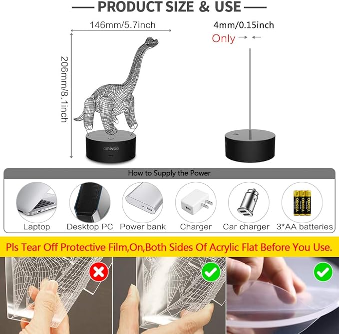 Dinosaur 3D Night Light for Kids 16 Colors Changing 3D Optical Illusion Lamp with Smart Touch & Remote Control, Best Gift for Girls Boys Kids (Dino-Brachiosaurus) - LeafyLoom
