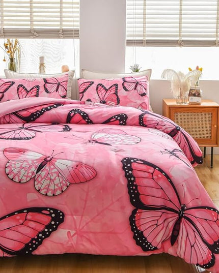 Btargot 3 Piece Pink Butterfly Girls Kids Adults Queen Size Comforter Set, Lightweight Soft All Season Bedding Set with 2 Pillowcases - LeafyLoom