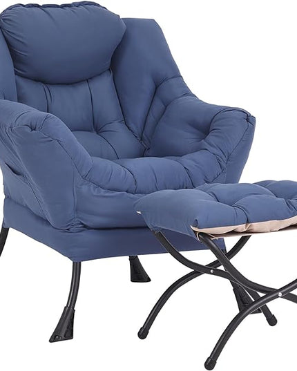 Lazy Chair and Ottoman, Large Accent Lounge Chair with Armrests and a Side Pocket, Modern Leisure Upholstered Sofa Reading Armchair with Footrest for Bedroom, Living Room, Dorm Rooms, Office - LeafyLoom