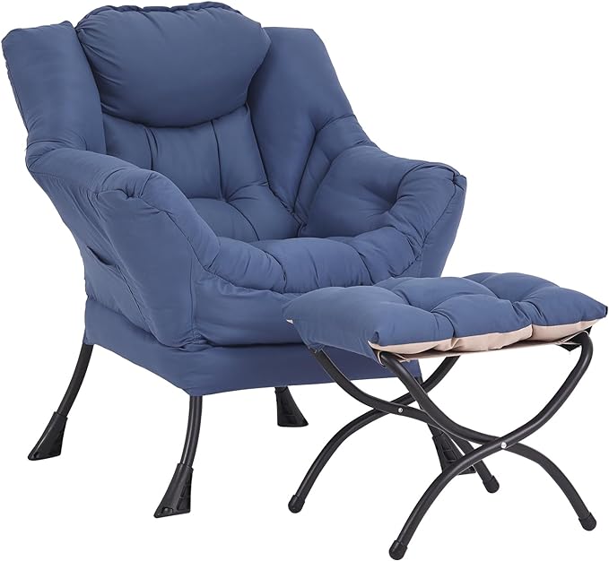Lazy Chair and Ottoman, Large Accent Lounge Chair with Armrests and a Side Pocket, Modern Leisure Upholstered Sofa Reading Armchair with Footrest for Bedroom, Living Room, Dorm Rooms, Office - LeafyLoom