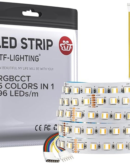 BTF-LIGHTING RGBCCT 5 Colors in 1 LED Tape Lights 5050SMD RGBWW RGB+Dimmable Color Temperature 2700K-6500K 16.4ft 96LED/m 480LED IP30 DC24V White PCB for Home Decoration(No Adapter or Controller) BTF-LIGHTING