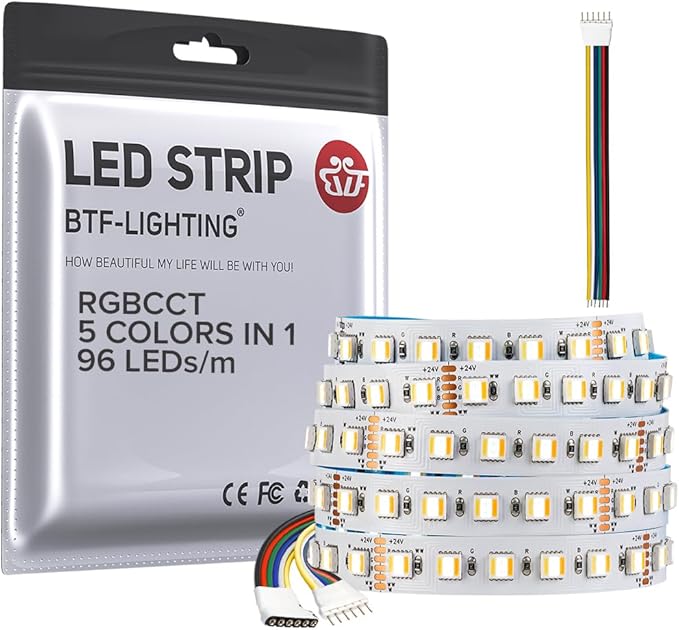 BTF-LIGHTING RGBCCT 5 Colors in 1 LED Tape Lights 5050SMD RGBWW RGB+Dimmable Color Temperature 2700K-6500K 16.4ft 96LED/m 480LED IP30 DC24V White PCB for Home Decoration(No Adapter or Controller) BTF-LIGHTING