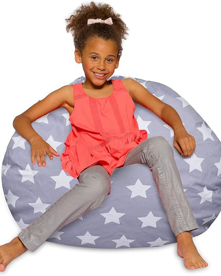 Posh Creations Bean Bag Chair for Kids, Teens, and Adults Includes Removable and Machine Washable Cover, Canvas White Stars on Gray, 38in - Large - LeafyLoom