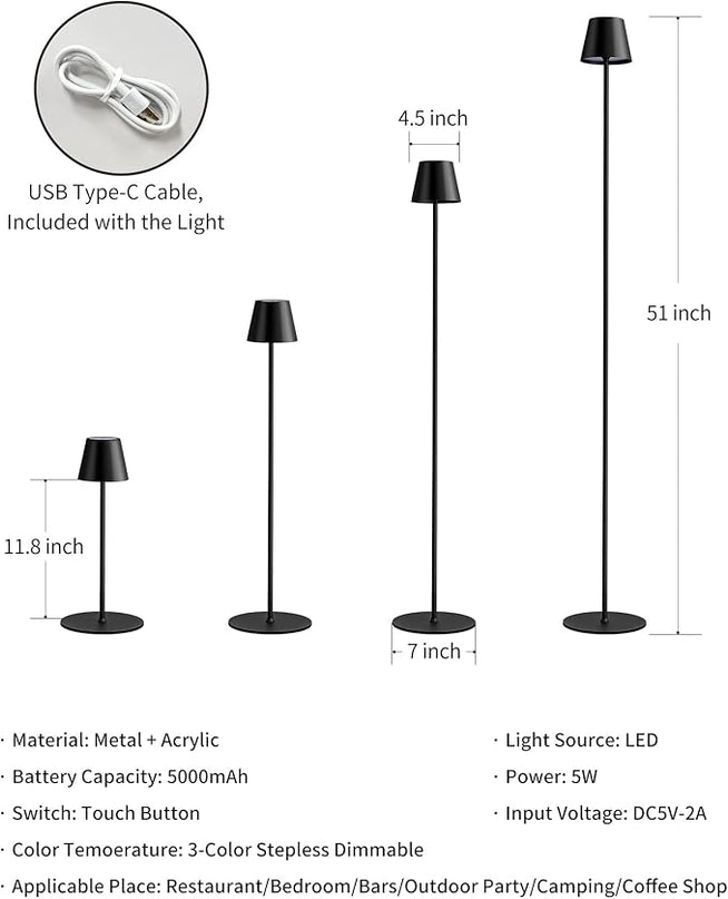 KDG Modern Cordless Floor Lamp, Portable LED Corner Stand Lamp, 5000mAh Battery Operated, Stepless Dimmable Adjustable Height lighting for Living room, Bedroom, Outdoor, Office, Night Light(Black) - LeafyLoom