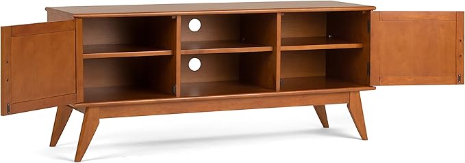 SIMPLIHOME Draper SOLID WOOD Universal TV Media Stand, 60 Inch Wide, Modern Industrial, Living Room Entertainment Center, for Flat Screen TVs up to 70 Inch in Teak Brown - LeafyLoom