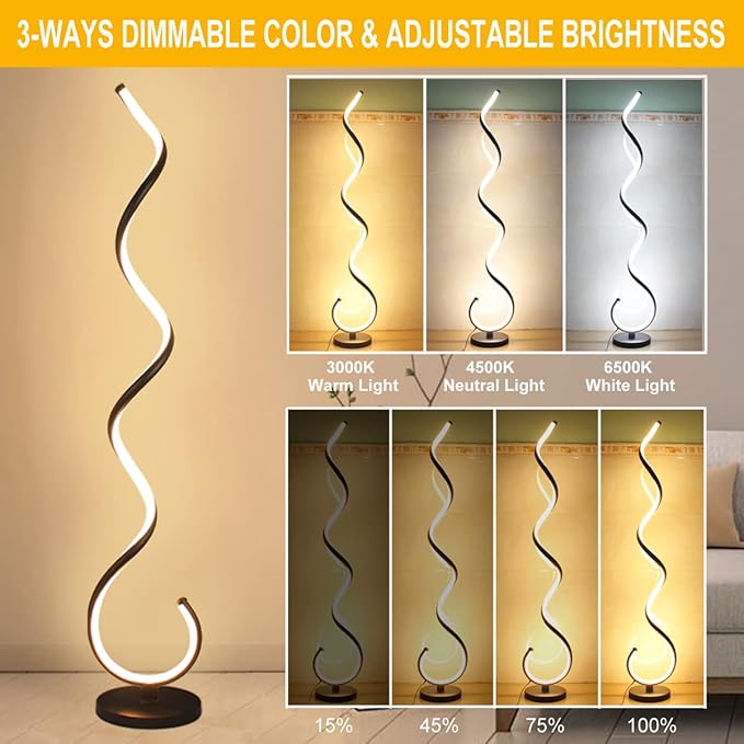 Spiral LED Floor Lamp, 40W Dimmable Modern Floor Lamps for Living Room with Remote Control, Stepless Adjustable Colors & Brightness Standing Lamp Reading Corner Floor Lamp for Bedroom - Black - LeafyLoom