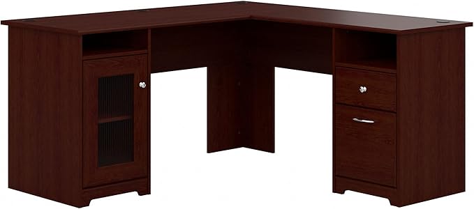 Bush Furniture Cabot L Shaped Computer Desk in Harvest Cherry | Corner Table with Drawers for Home Office - LeafyLoom