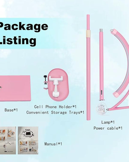 Lash Light Esthetician Lamp for Lash Extensions - LED Floor Lash Lamp Half Moon Ring Facial Light for Eyelash Tech with Pallets & Phone Holder Light for Tattoo Artists, Nail Tech X Pink - LeafyLoom