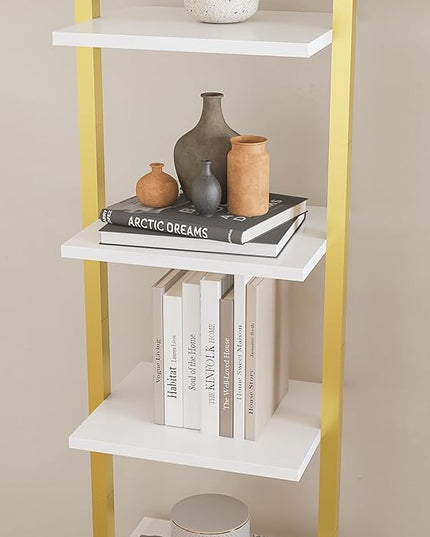 YMYNY 5 Tiers Ladder Bookcase, Industrial Wall Mounted Bookshelf, Open Display Rack with Metal Frame, Wooden Storage Shelves for Bedroom, Home Office, Living Room, White+Gold, 70*17.3*11.8"UHBC015W - LeafyLoom