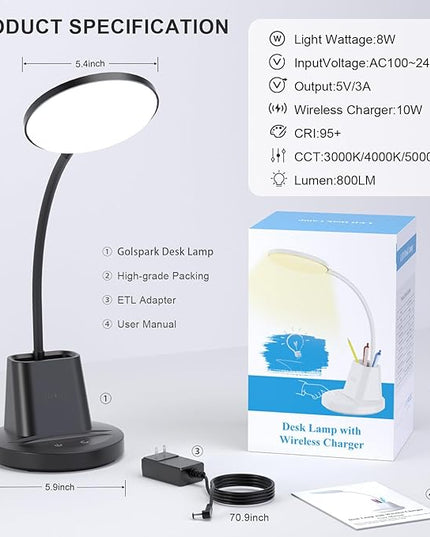 comzler LED Desk Lamp with Wireless Charger Pen Phone Holder, Black Desk Lamp for Home Office, Dimmable Desk Light 3 Color Modes, College Dorm Study Lamp for College Dorm, CRI 90 800 Lumen - LeafyLoom