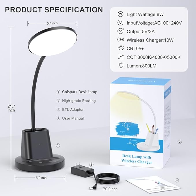 comzler LED Desk Lamp with Wireless Charger Pen Phone Holder, Black Desk Lamp for Home Office, Dimmable Desk Light 3 Color Modes, College Dorm Study Lamp for College Dorm, CRI 90 800 Lumen - LeafyLoom