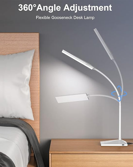 LED Desk Lamp Eye-Caring Table Lamps with USB Charging Port,7 Brightness Levels & 5 Color Modes,Touch Control and Memory Function, Flexible Gooseneck Reading Lamp for Home Office, White - LeafyLoom
