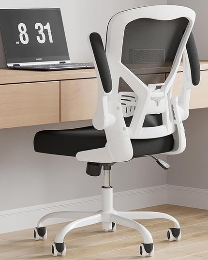 Office Desk Chair, Ergonomic Desk chair with Wheels, High Back Home Office Chair, Mesh Computer chair with Filp-up Armrests for Study room Bedroom, White - LeafyLoom