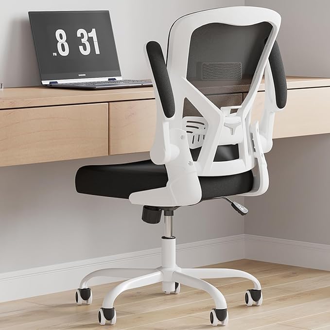 Office Desk Chair, Ergonomic Desk chair with Wheels, High Back Home Office Chair, Mesh Computer chair with Filp-up Armrests for Study room Bedroom, White - LeafyLoom