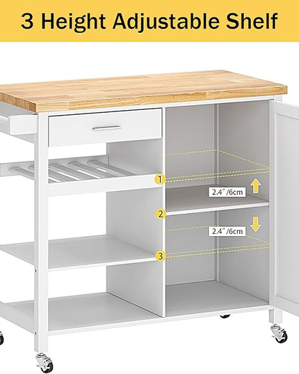 sogesfurniture Rolling Kitchen Serving Cart with Drawer and Storage Shelves, Kitchen Island Cart Trolley on Wheels with Rubberwood Countertop, Storage Cabinet, Towel Holder, White - LeafyLoom