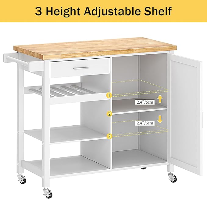 sogesfurniture Rolling Kitchen Serving Cart with Drawer and Storage Shelves, Kitchen Island Cart Trolley on Wheels with Rubberwood Countertop, Storage Cabinet, Towel Holder, White - LeafyLoom