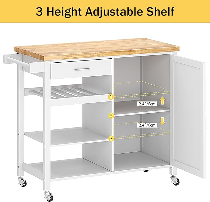 SogesGame Kitchen Island with Storage, Rolling Kitchen Island Cart on Wheels with Drawer, Mobile Kitchen Island with 1-Door Storage Cabinet and 3-Tier Shelves for Living Room, Wine Shelf, Towel Rack - LeafyLoom