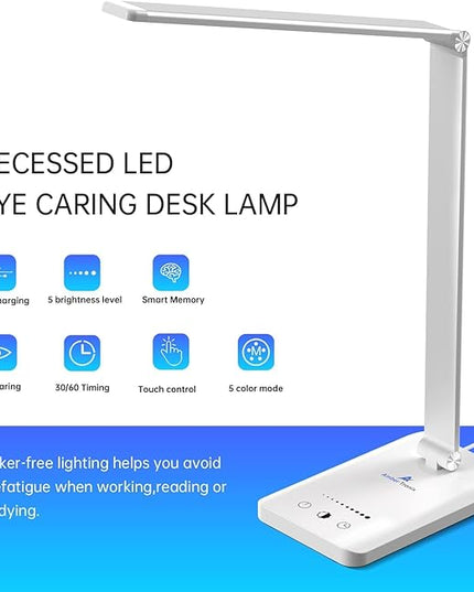 Ambertronix LED Desk Lamp with USB Charging Port, Dimmable Eye-Caring Reading Desk Light for Home, with 5 Brightness Level & 3 Lighting Modes, Touch Control, Auto Timer (White) - LeafyLoom