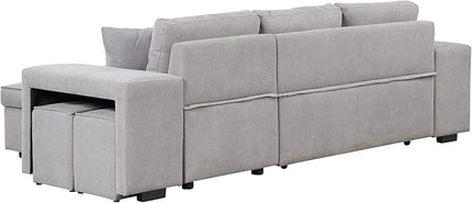L Shaped Reversible Sleeper Sectional Sofa Pull Out Couch Bed with Storage Chaise Lounge and 2 Stools, Button Tufted Chenille Upholstered Convertible Pullout Sofabed for Living Room Office - LeafyLoom