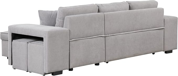 L Shaped Reversible Sleeper Sectional Sofa Pull Out Couch Bed with Storage Chaise Lounge and 2 Stools, Button Tufted Chenille Upholstered Convertible Pullout Sofabed for Living Room Office - LeafyLoom