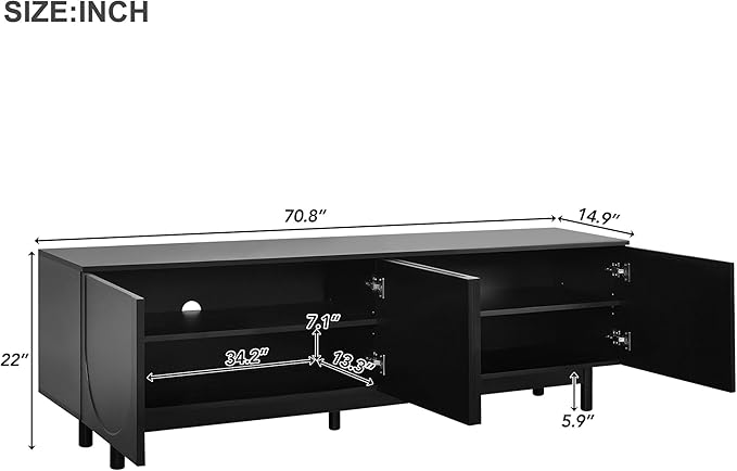Merax Graceful TV Stand with Arch Cabinets for Televisions Up to 78'', Minimalist Entertainment Center with Solid Wood Legs and Adjustable Shelves, Practical Media Console for Living Room, Black - LeafyLoom