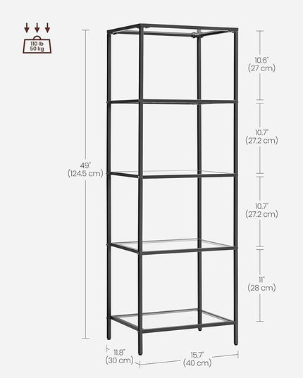 VASAGLE Bookcase, 5-Tier Bookshelf, Slim Shelving Unit for Bedroom, Bathroom, Home Office, Tempered Glass, Steel Frame, Ink Black ULGT029B61 - LeafyLoom