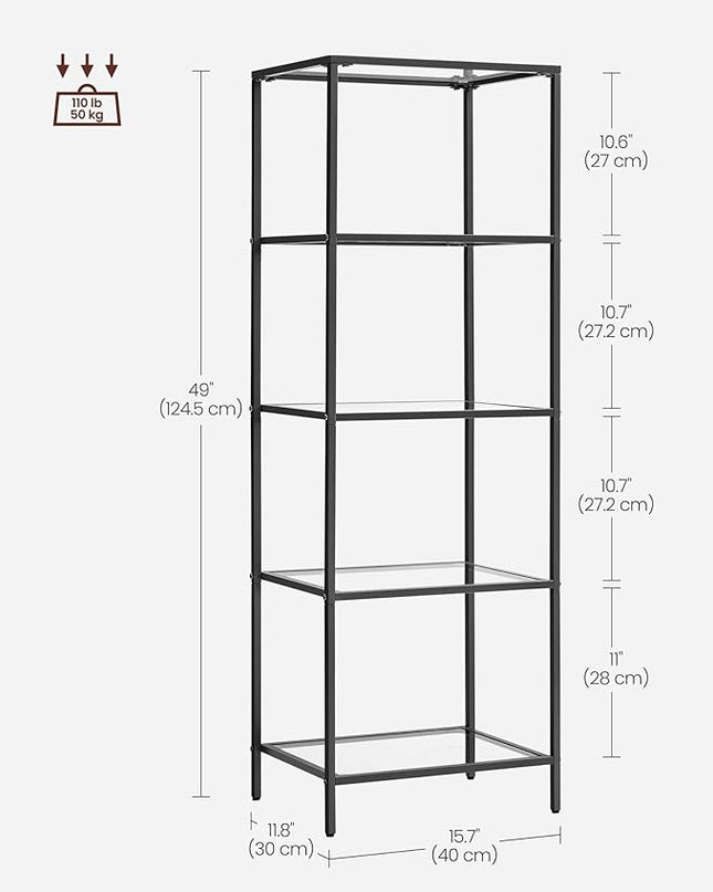 VASAGLE Bookcase, 5-Tier Bookshelf, Slim Shelving Unit for Bedroom, Bathroom, Home Office, Tempered Glass, Steel Frame, Ink Black ULGT029B61 - LeafyLoom