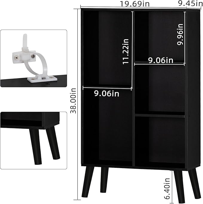 YAHARBO Small Black Narrow Bookshelf,3 Tier Modern Bookcase with Legs,Bookshelves Wood Storage Shelf,Rustic Book Shelves Cube Organizer,Display Bookcase - LeafyLoom