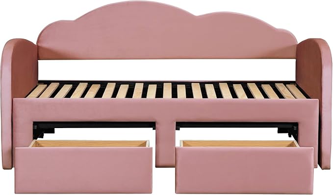 Twin Size Velvet Upholstered Daybed with Cloud-Shaped Backrest and Trundle,Wooden Storage Bed Frame W/Drawers & USB Ports,Convert to King-Size Bed,for Living Room Apartment,Pink - LeafyLoom