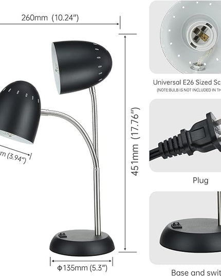 Eye-Caring Table Lamp of Simple Designs Home E26 Led Screw Basic Metal Desk Lamp with Flexible Gooseneck Hose Neck Study Lamp for Bedroom Office Living Room Convenient On/Off Switch(Black) - LeafyLoom