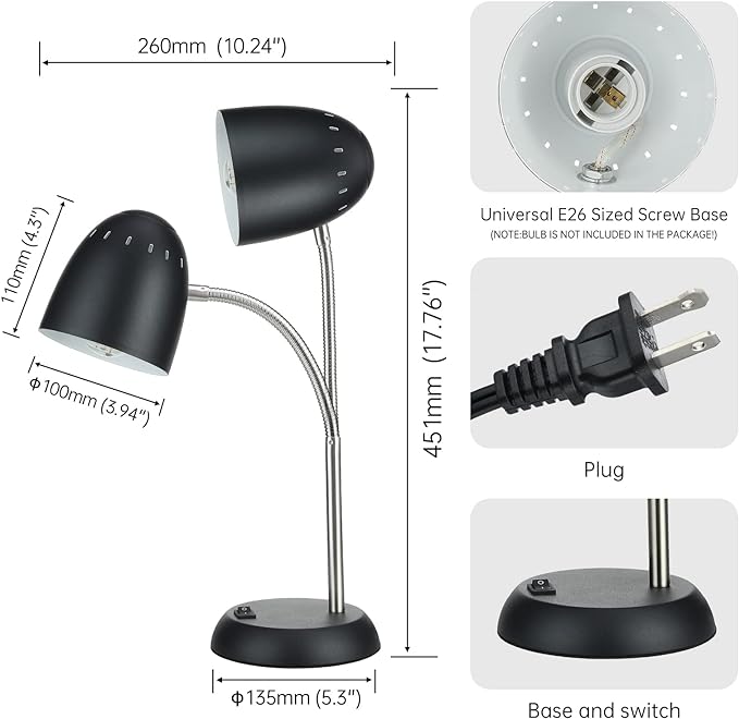 Eye-Caring Table Lamp of Simple Designs Home E26 Led Screw Basic Metal Desk Lamp with Flexible Gooseneck Hose Neck Study Lamp for Bedroom Office Living Room Convenient On/Off Switch(Black) - LeafyLoom