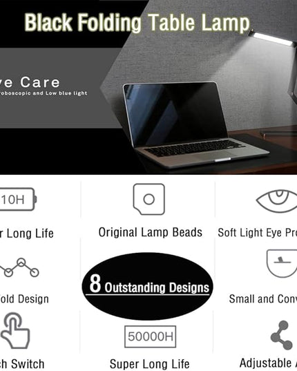 Foldable LED Desk Light, Slim Portable Rechargeable USB Table Light, Eye-Caring Aluminium Alloy Table Lamps,for Home, Reading, Studying, Work, Travel (Black) - LeafyLoom