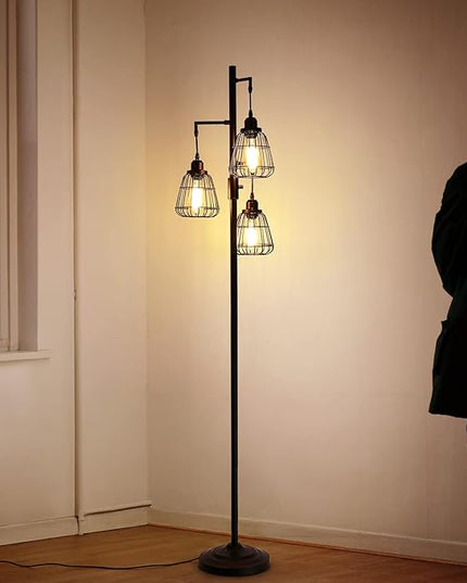 9MMML 68” Living Room Floor Lamp, Industrial Farmhouse 3 Teardrop Cage Standing Lamp,Black Tall Floor Lamp for Bedroom Office, 3 LED Edison Bulbs Included - LeafyLoom