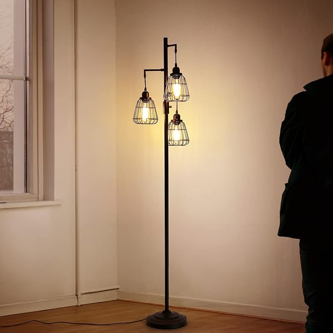 9MMML 68” Living Room Floor Lamp, Industrial Farmhouse 3 Teardrop Cage Standing Lamp,Black Tall Floor Lamp for Bedroom Office, 3 LED Edison Bulbs Included - LeafyLoom