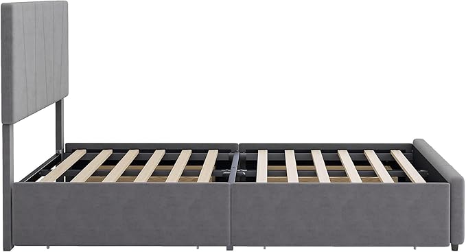 Full Size Upholstery Platform Bed with 4 Storage Drawers on Two Sides, Adjustable Velvet Headboard and Footboard, No Box Spring Needed, Gray - LeafyLoom