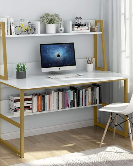 Tribesigns Computer Desk with Hutch, 47 inches Home Office Desk with Space Saving Design with Bookshelf for Small Spaces (White &gold, 47) - LeafyLoom