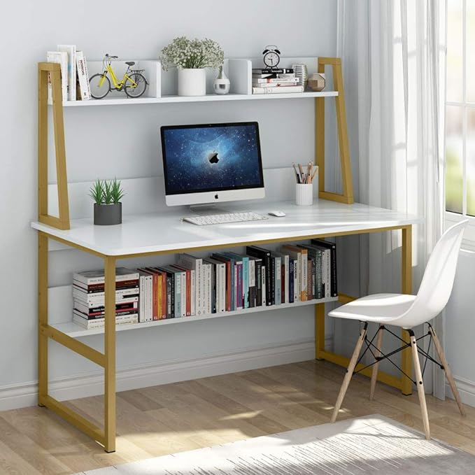 Tribesigns Computer Desk with Hutch, 47 inches Home Office Desk with Space Saving Design with Bookshelf for Small Spaces (White &gold, 47) - LeafyLoom
